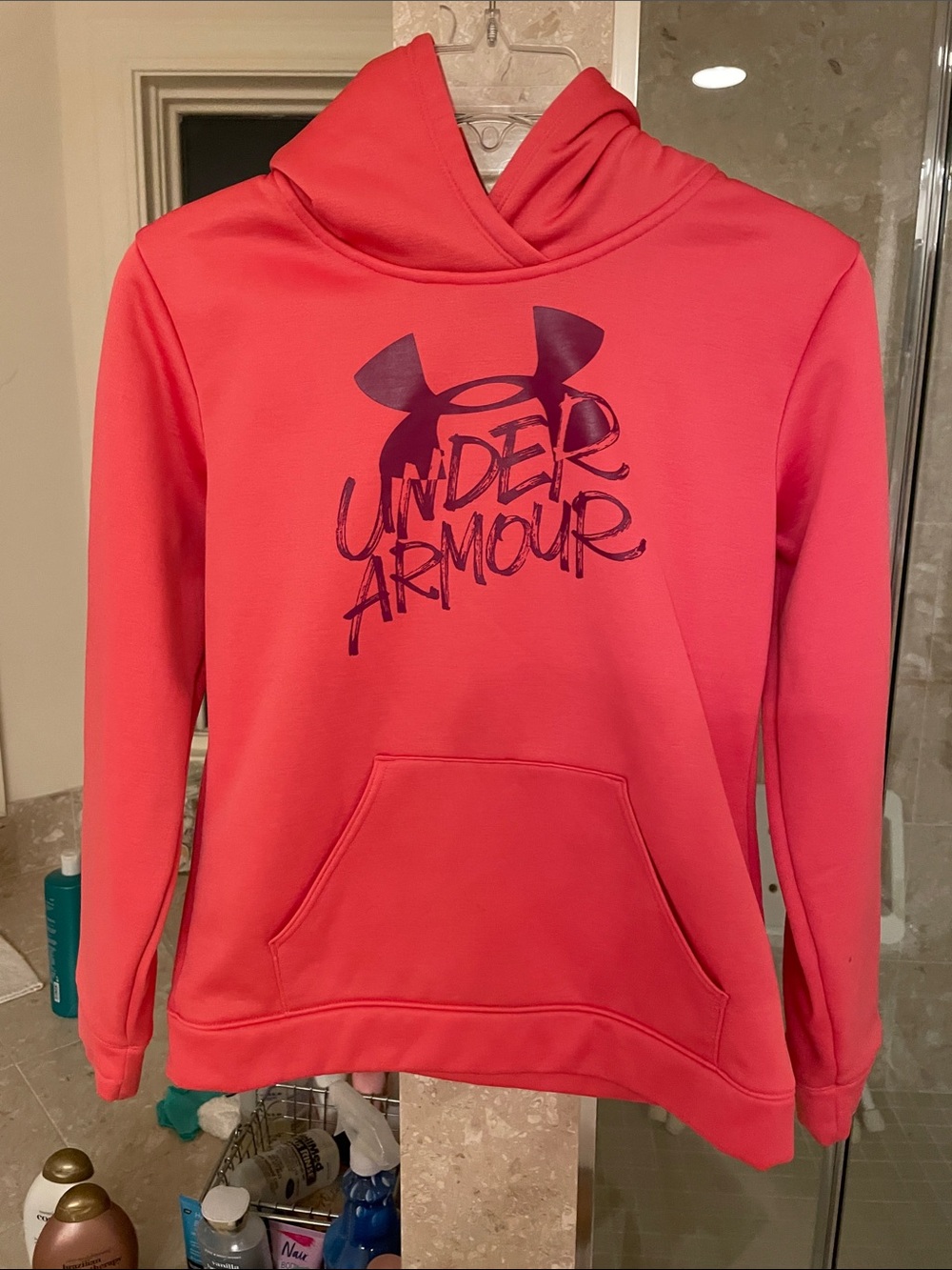 Under Armour Women’s Coral Pink Cowl Neck Hoodie with Navy Logo